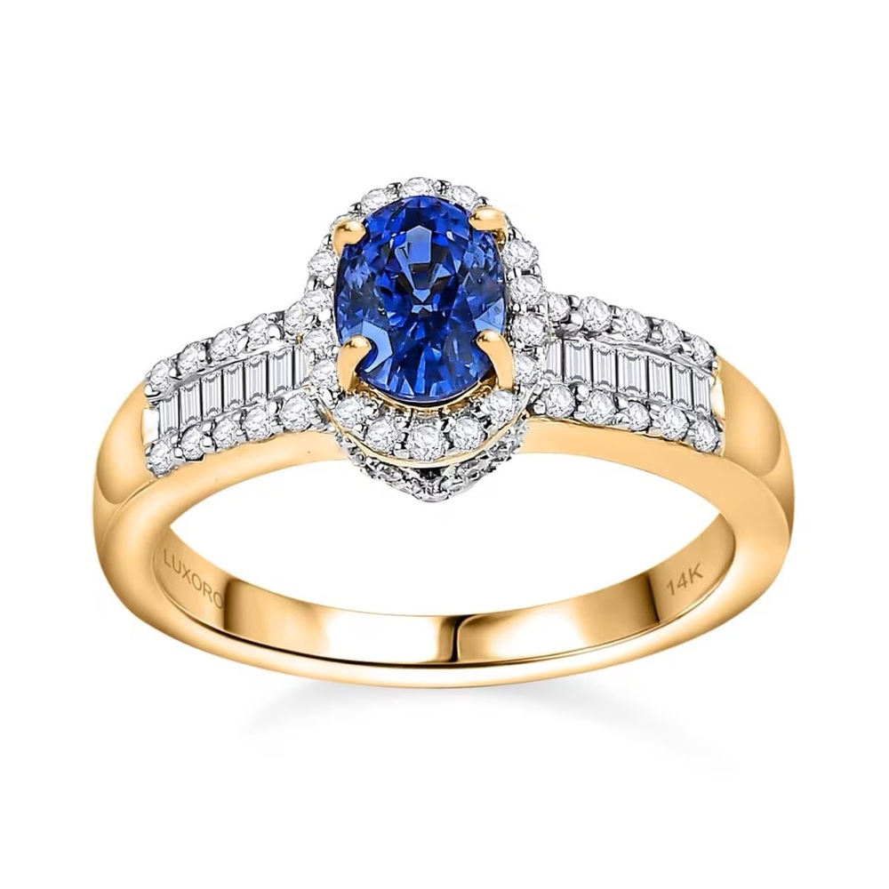 Luxoro 14K Yellow Gold AAA Ceylon Blue Sapphire and G-H I3 Diamond Ring 1.50 ctw